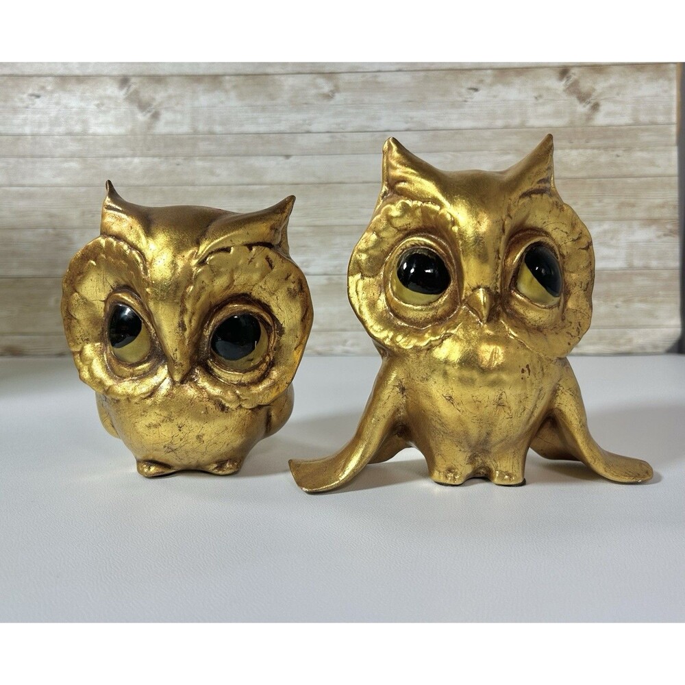 Vtg  PAIR ANTHONY Freeman McFarlin MCM Pottery Gold Leaf OWLS Figurines Signed